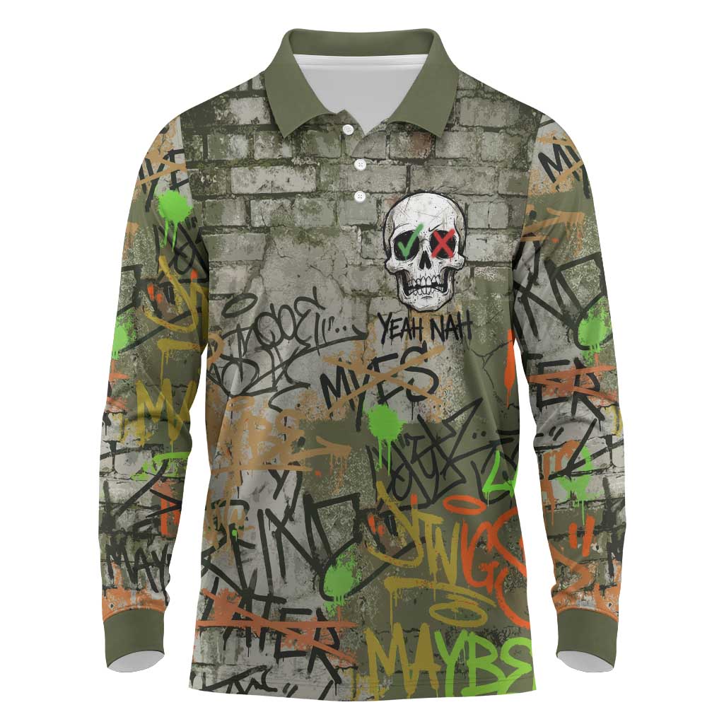 Yeah Nah Graffiti Skull New Zealand Slang Long Sleeve Polo Shirt Kiwi Grunge Brick Wall and Bold Urban Street Art