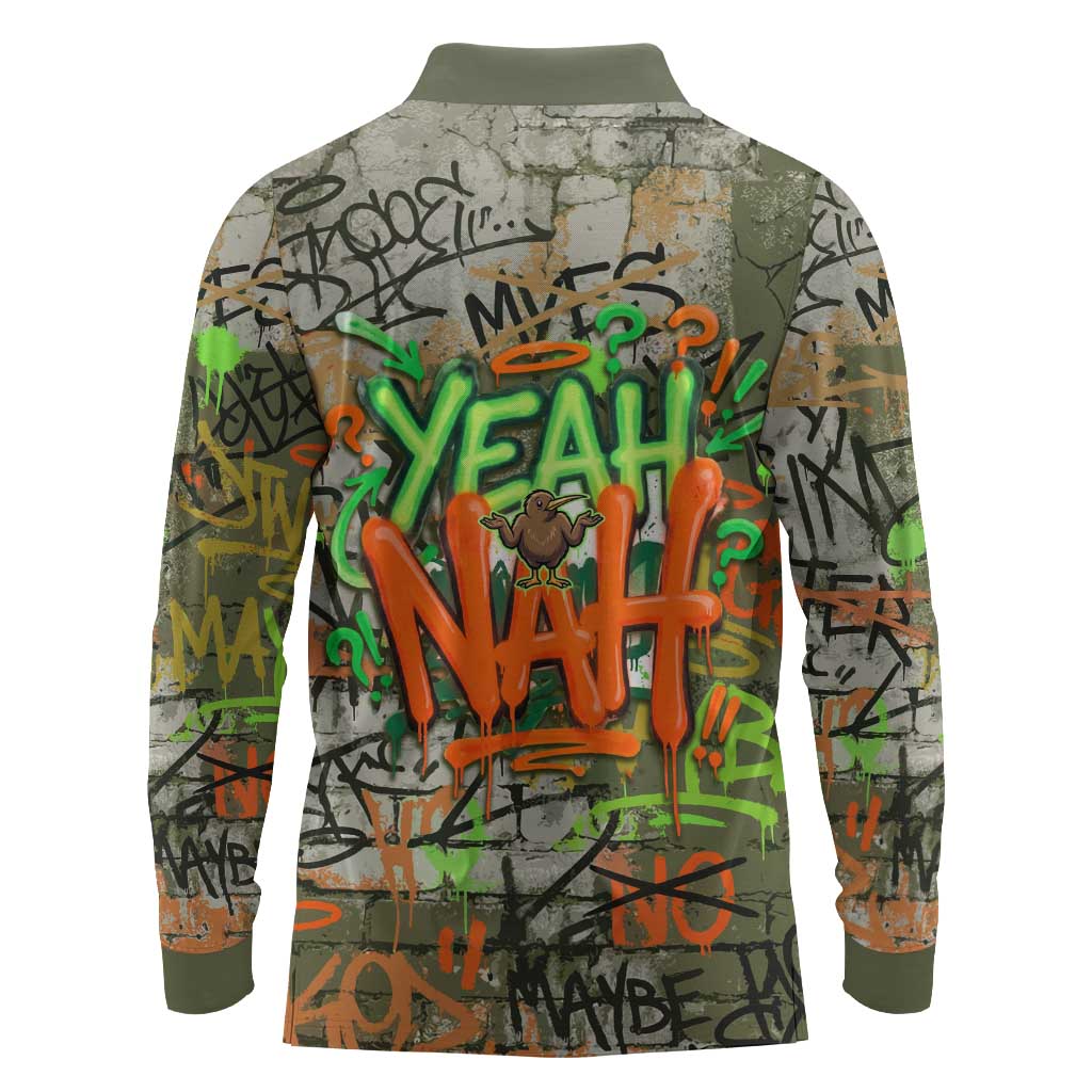 Yeah Nah Graffiti Skull New Zealand Slang Long Sleeve Polo Shirt Kiwi Grunge Brick Wall and Bold Urban Street Art TS04 - Polynesian Pride
