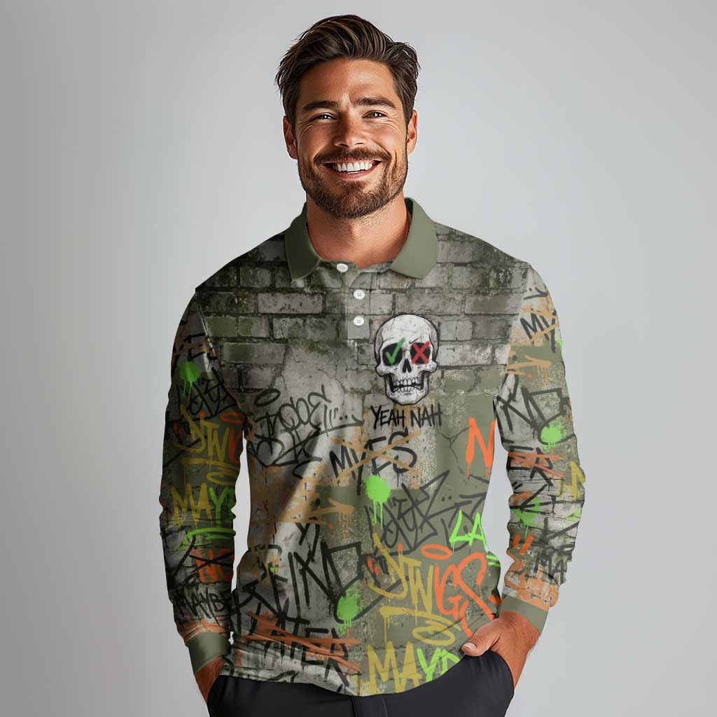 Yeah Nah Graffiti Skull New Zealand Slang Long Sleeve Polo Shirt Kiwi Grunge Brick Wall and Bold Urban Street Art TS04 - Polynesian Pride