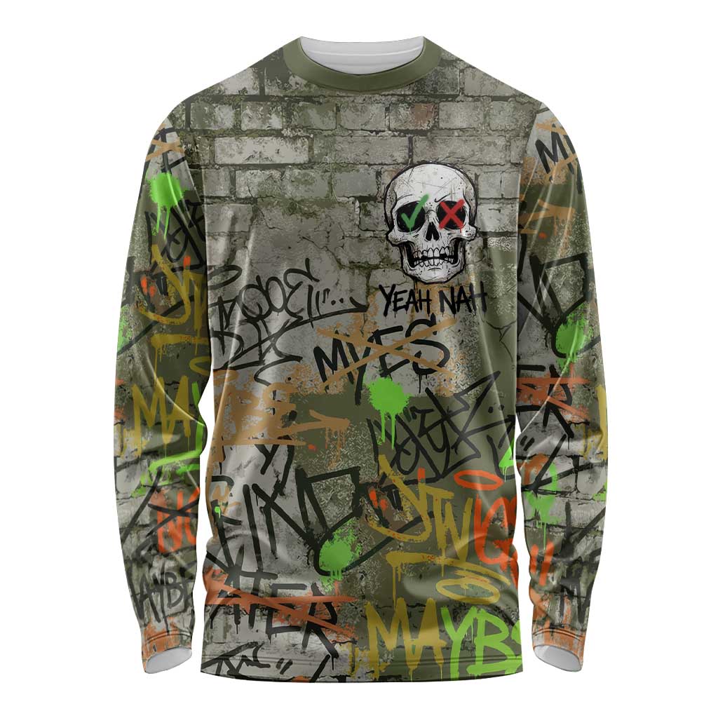 Yeah Nah Graffiti Skull New Zealand Slang Long Sleeve Shirt Kiwi Grunge Brick Wall and Bold Urban Street Art TS04 Unisex Multicolor - Polynesian Pride