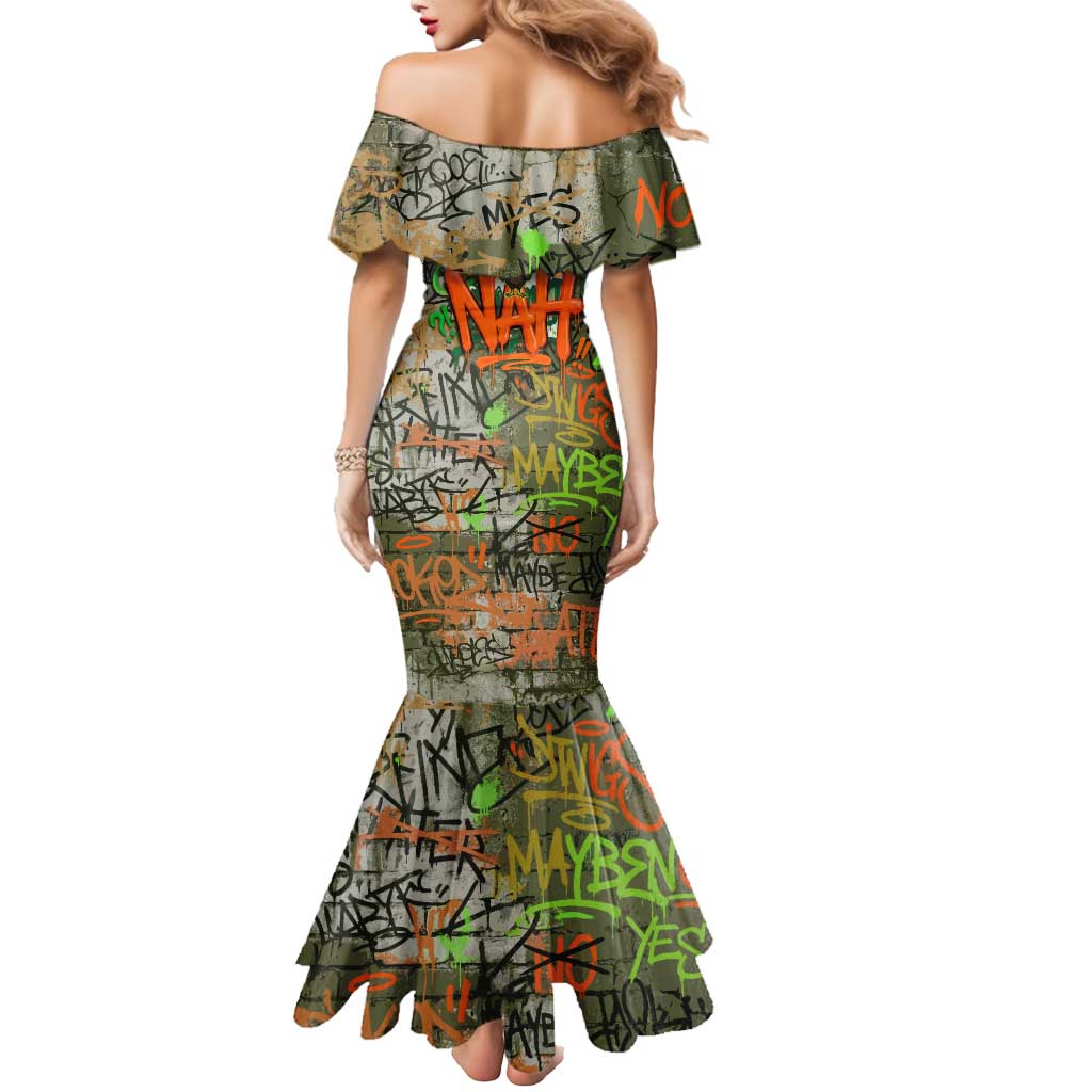 Yeah Nah Graffiti Skull New Zealand Slang Mermaid Dress Kiwi Grunge Brick Wall and Bold Urban Street Art