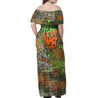 Yeah Nah Graffiti Skull New Zealand Slang Off Shoulder Maxi Dress Kiwi Grunge Brick Wall and Bold Urban Street Art TS04 - Polynesian Pride