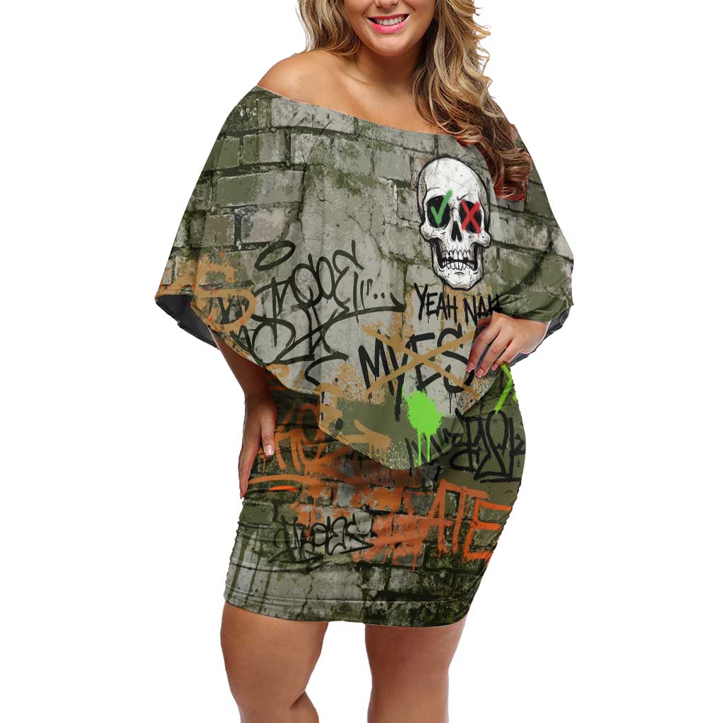 Yeah Nah Graffiti Skull New Zealand Slang Off Shoulder Short Dress Kiwi Grunge Brick Wall and Bold Urban Street Art TS04 Women Multicolor - Polynesian Pride