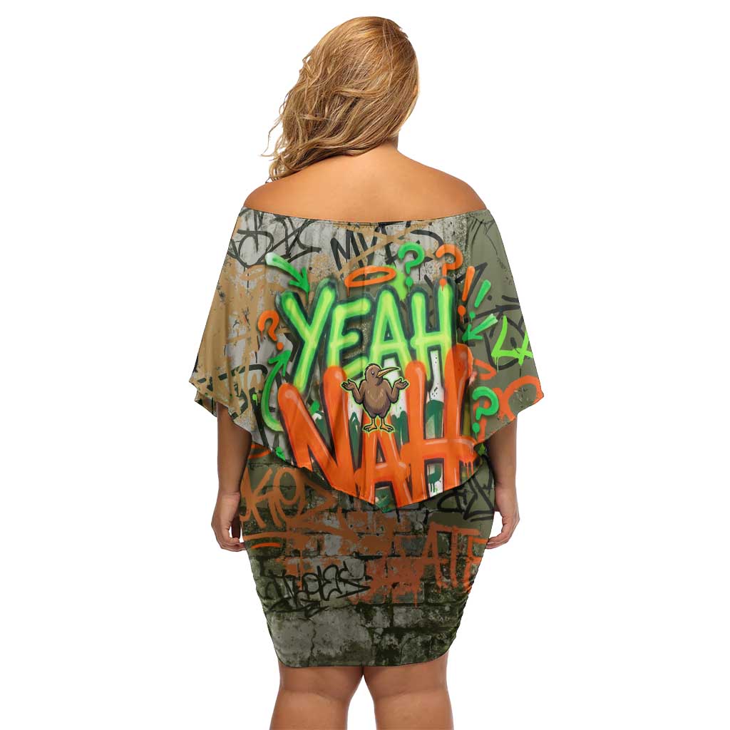 Yeah Nah Graffiti Skull New Zealand Slang Off Shoulder Short Dress Kiwi Grunge Brick Wall and Bold Urban Street Art TS04 - Polynesian Pride