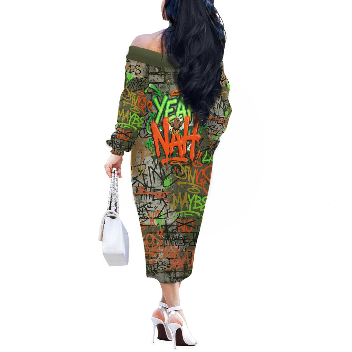 Yeah Nah Graffiti Skull New Zealand Slang Off The Shoulder Long Sleeve Dress Kiwi Grunge Brick Wall and Bold Urban Street Art TS04 - Polynesian Pride