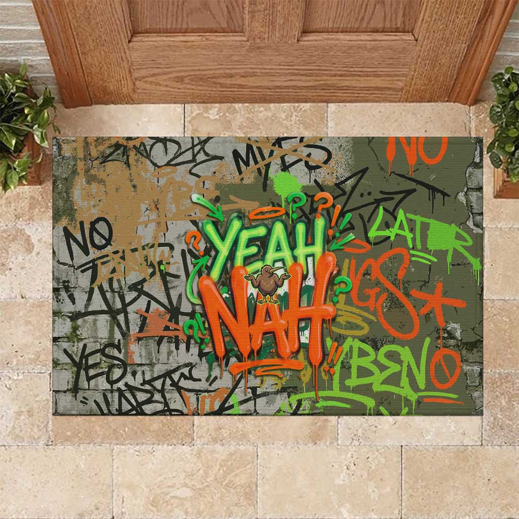 Yeah Nah Graffiti Skull New Zealand Slang Rubber Doormat Kiwi Grunge Brick Wall and Bold Urban Street Art TS04 Multicolor - Polynesian Pride