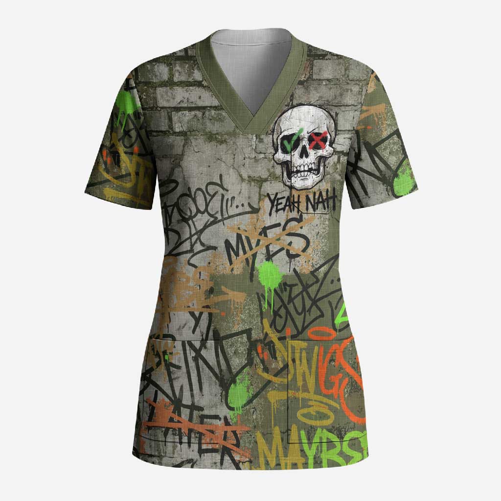 Yeah Nah Graffiti Skull New Zealand Slang Scrub Top Kiwi Grunge Brick Wall and Bold Urban Street Art
