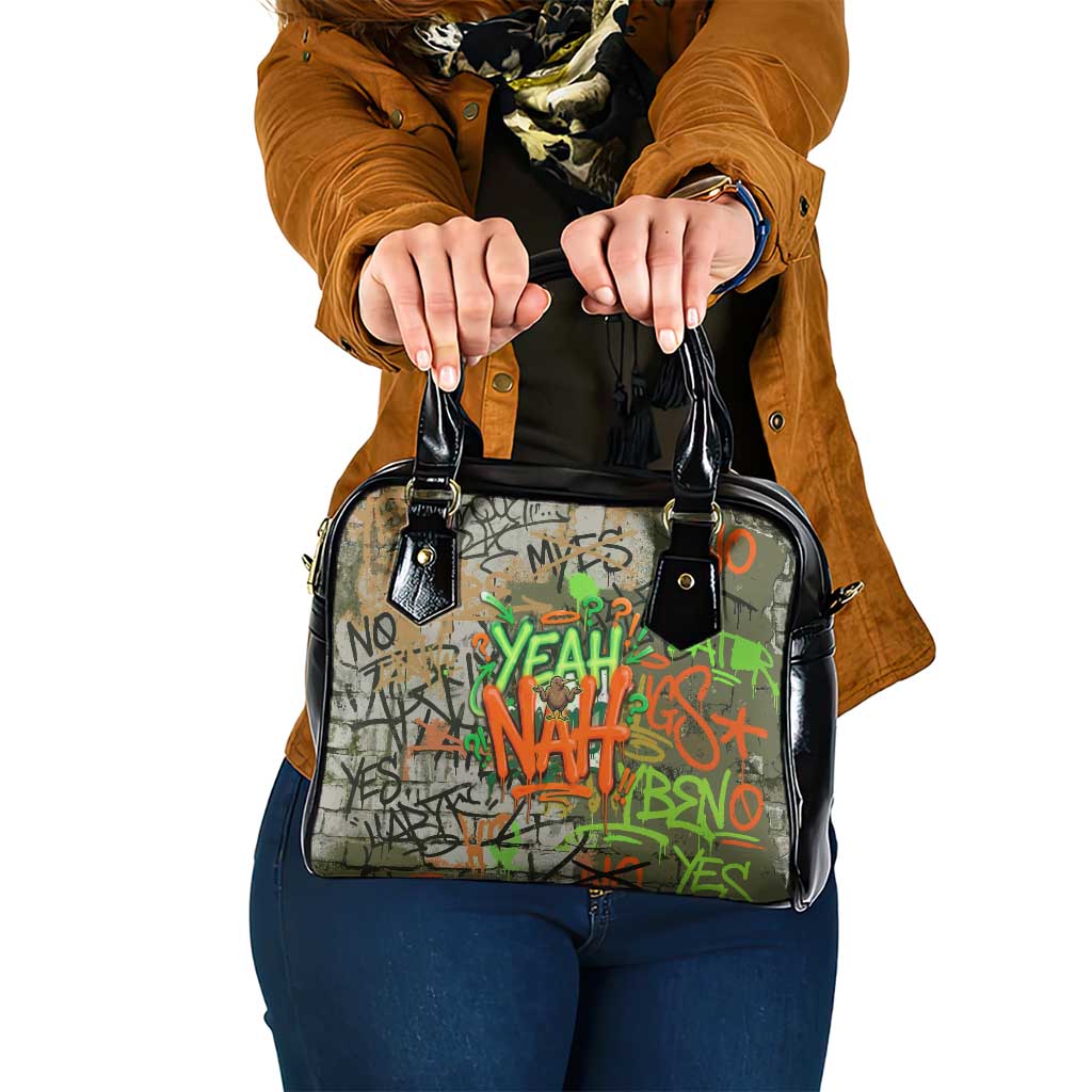 Yeah Nah Graffiti Skull New Zealand Slang Shoulder Handbag Kiwi Grunge Brick Wall and Bold Urban Street Art TS04 One Size Multicolor - Polynesian Pride
