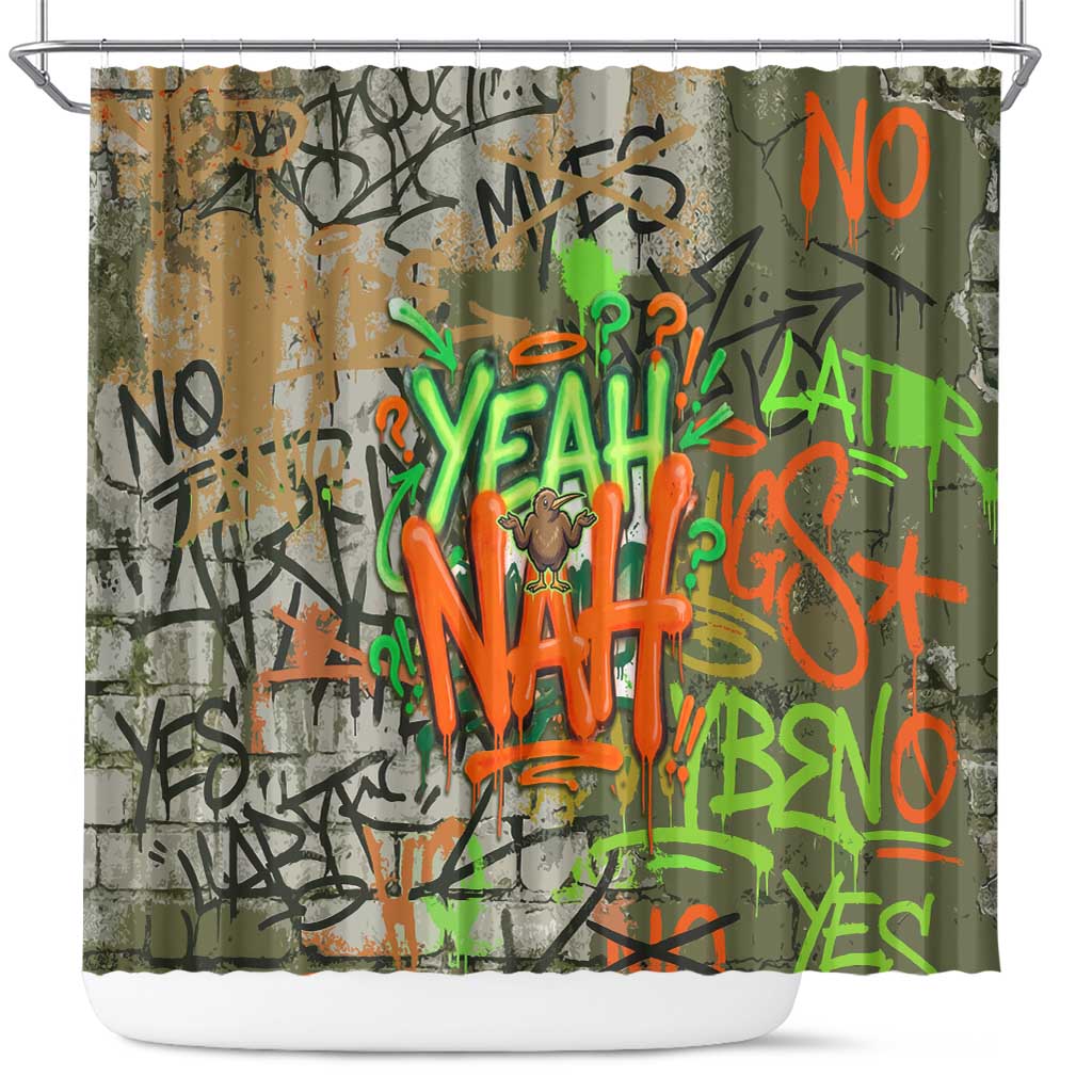 Yeah Nah Graffiti Skull New Zealand Slang Shower Curtain Kiwi Grunge Brick Wall and Bold Urban Street Art