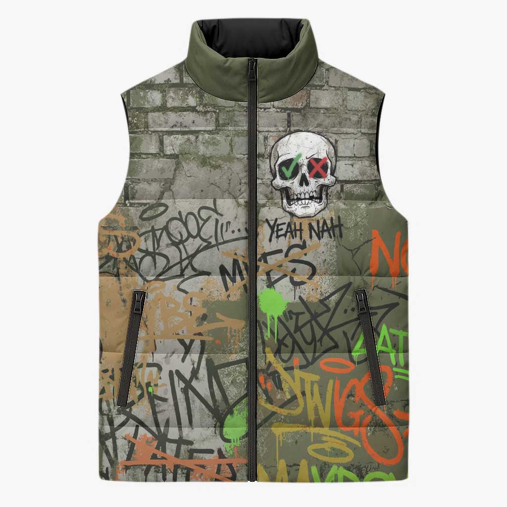 Yeah Nah Graffiti Skull New Zealand Slang Sleeveless Puffer Jacket Kiwi Grunge Brick Wall and Bold Urban Street Art