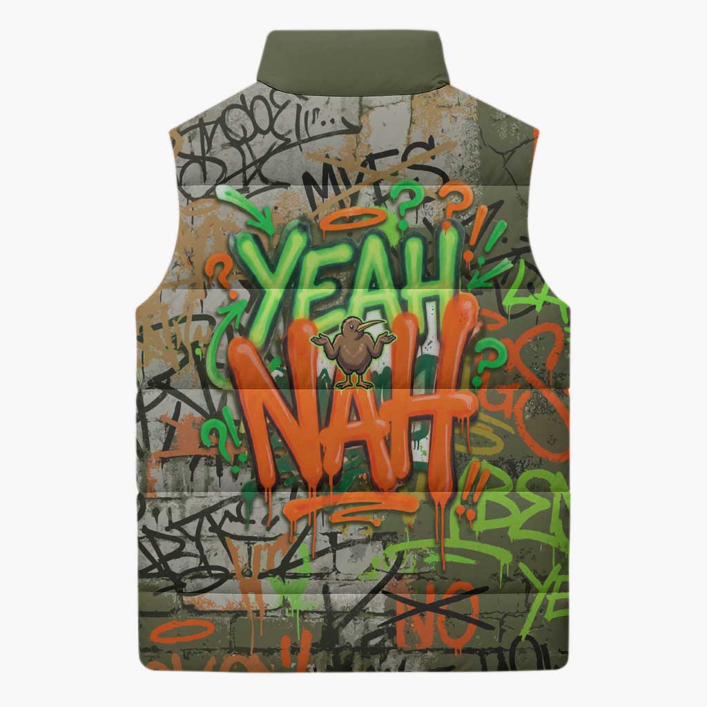 Yeah Nah Graffiti Skull New Zealand Slang Sleeveless Puffer Jacket Kiwi Grunge Brick Wall and Bold Urban Street Art TS04 - Polynesian Pride