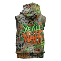 Yeah Nah Graffiti Skull New Zealand Slang Sleeveless Zip Hoodie Kiwi Grunge Brick Wall and Bold Urban Street Art