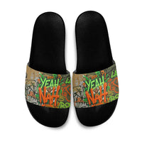 Yeah Nah Graffiti Skull New Zealand Slang Slide Sandals Kiwi Grunge Brick Wall and Bold Urban Street Art TS04 Multicolor - Polynesian Pride