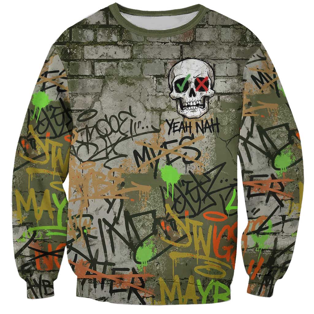 Yeah Nah Graffiti Skull New Zealand Slang Sweatshirt Kiwi Grunge Brick Wall and Bold Urban Street Art
