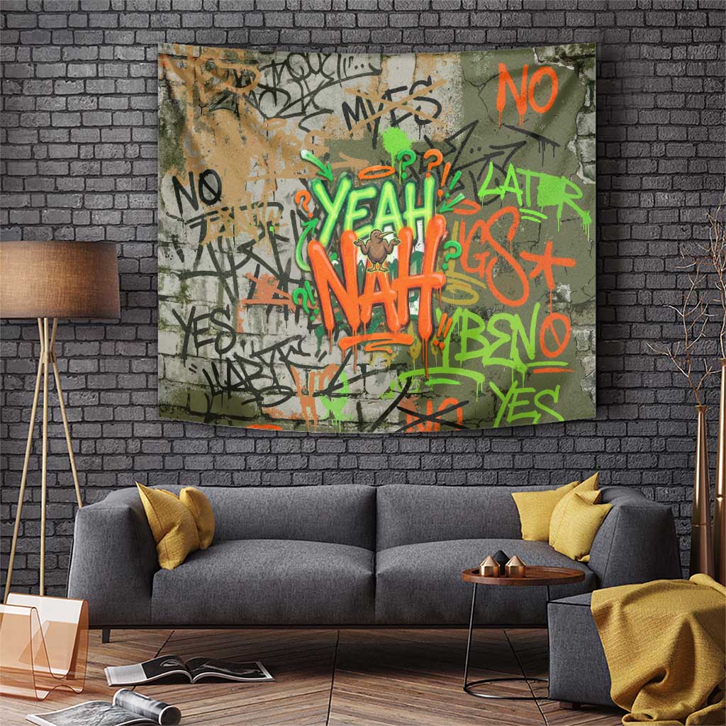 Yeah Nah Graffiti Skull New Zealand Slang Tapestry Kiwi Grunge Brick Wall and Bold Urban Street Art