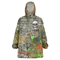 Yeah Nah Graffiti Skull New Zealand Slang Wearable Blanket Hoodie Kiwi Grunge Brick Wall and Bold Urban Street Art TS04 One Size Multicolor - Polynesian Pride