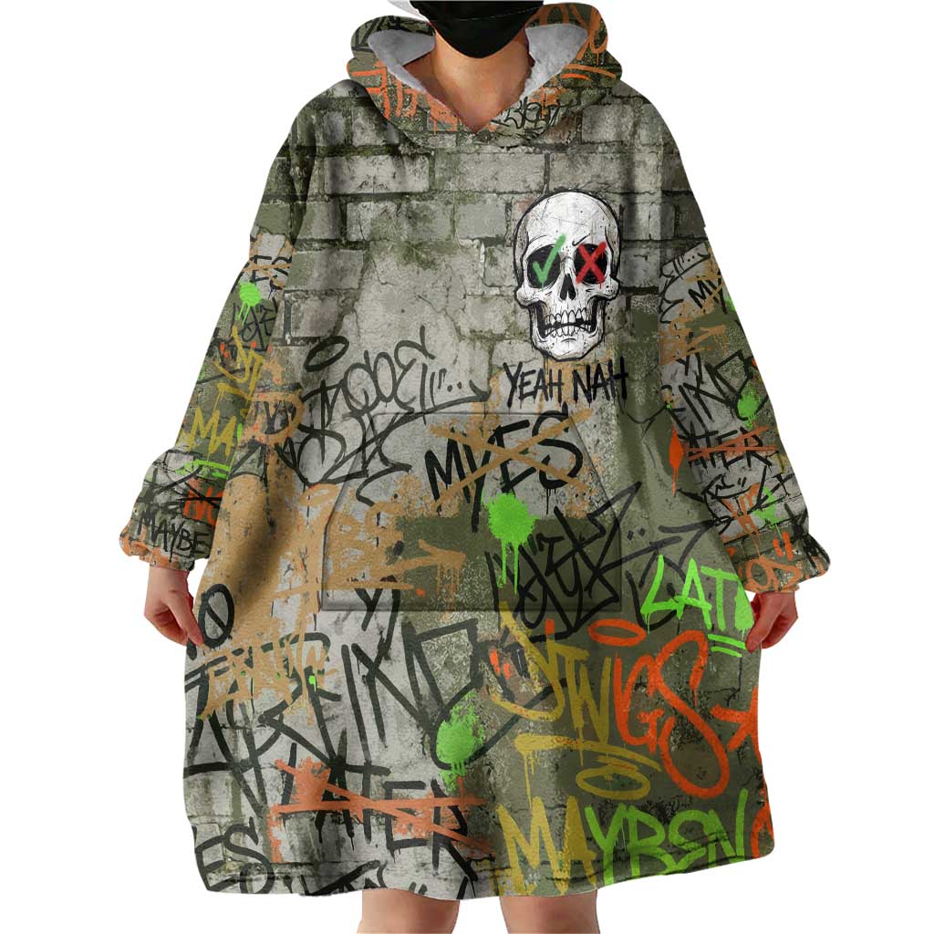 Yeah Nah Graffiti Skull New Zealand Slang Wearable Blanket Hoodie Kiwi Grunge Brick Wall and Bold Urban Street Art TS04 - Polynesian Pride