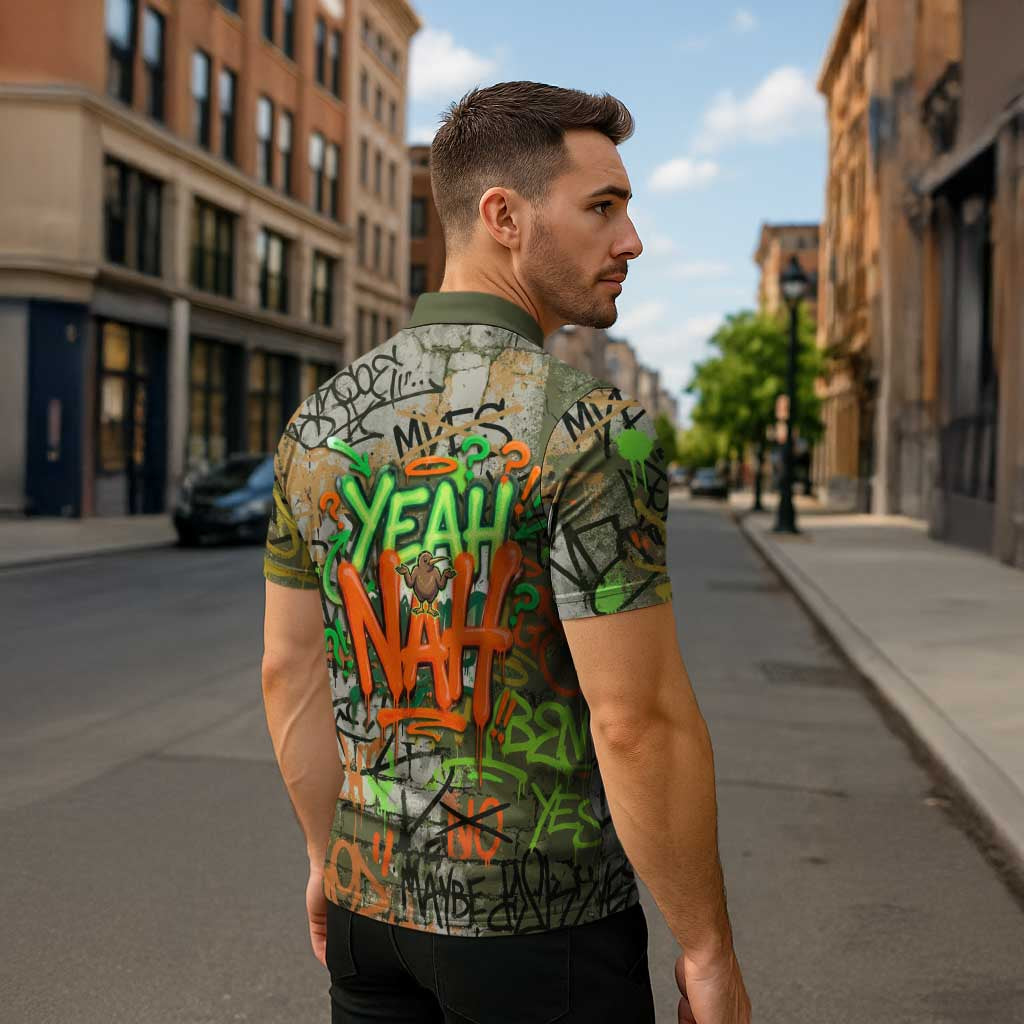 Yeah Nah Graffiti Skull New Zealand Slang Zipper Polo Shirt Kiwi Grunge Brick Wall and Bold Urban Street Art TS04 - Polynesian Pride