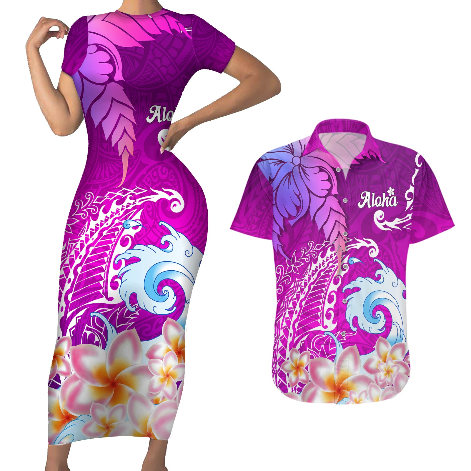 Hawaii Plumeria Flower Couples Matching Short Sleeve Bodycon Dress and Hawaiian Shirt Plumeria FLowers And Polynesian Pattern TS04 Gradient - Polynesian Pride