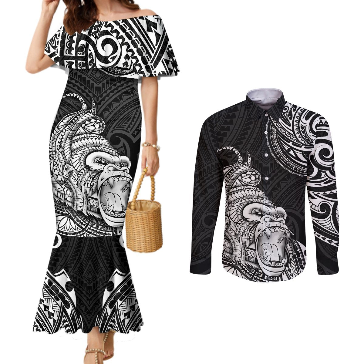 Hawaii Polynesian Couples Matching Mermaid Dress and Long Sleeve Button Shirts Gorila Tatoo Polynesian Style TS04 Black - Polynesian Pride
