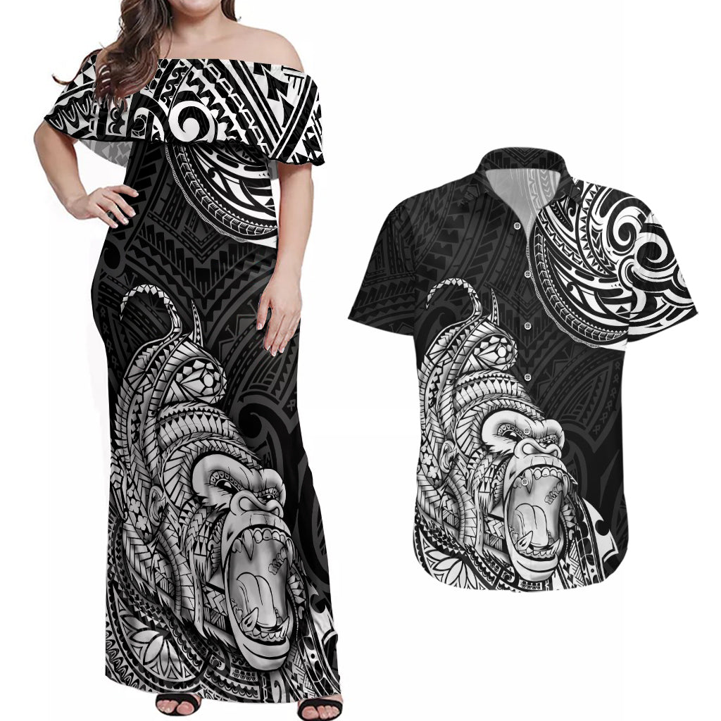 Hawaii Polynesian Couples Matching Off Shoulder Maxi Dress and Hawaiian Shirt Gorila Tatoo Polynesian Style TS04 Black - Polynesian Pride