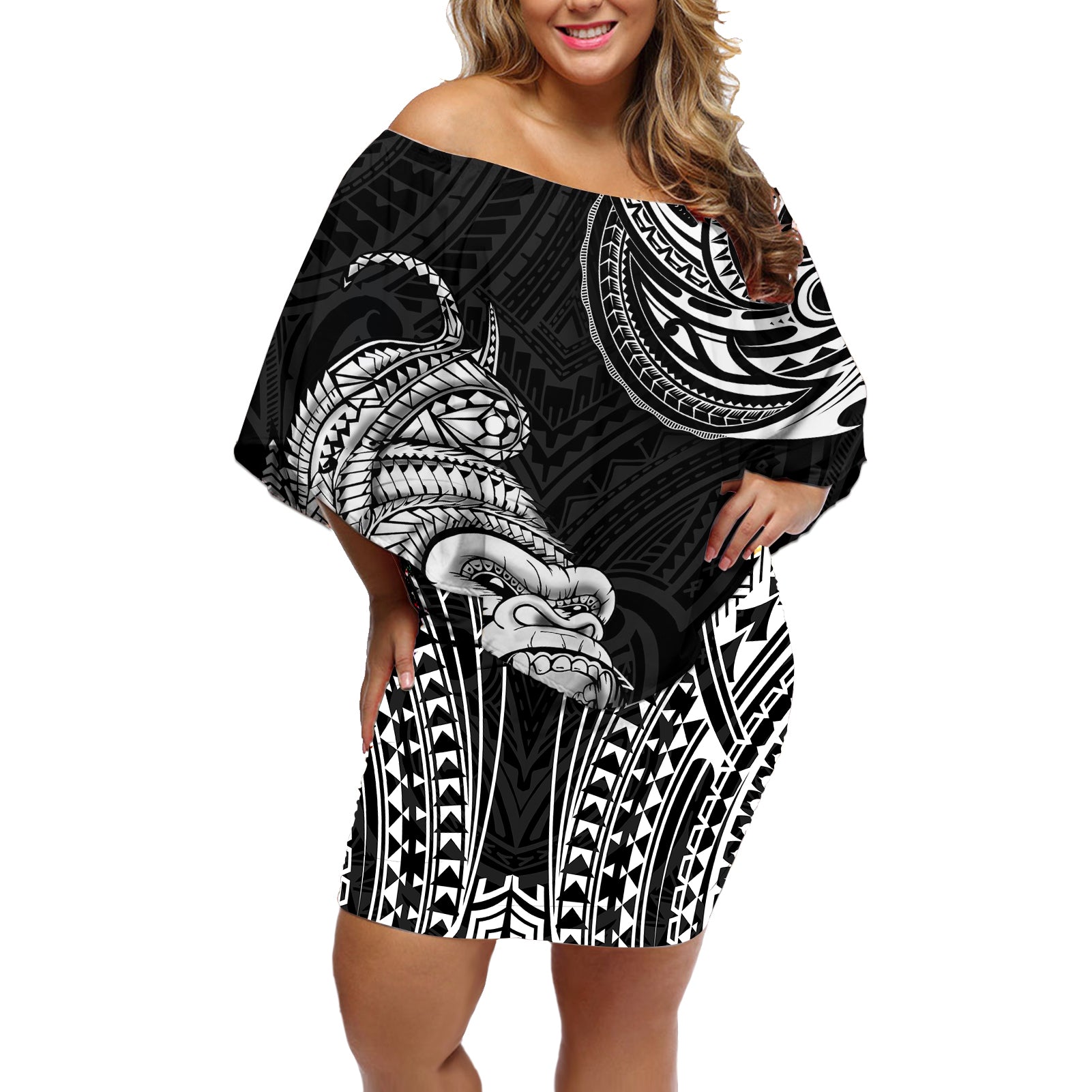 Hawaii Polynesian Off Shoulder Short Dress Gorila Tatoo Polynesian Style TS04 Women Black - Polynesian Pride