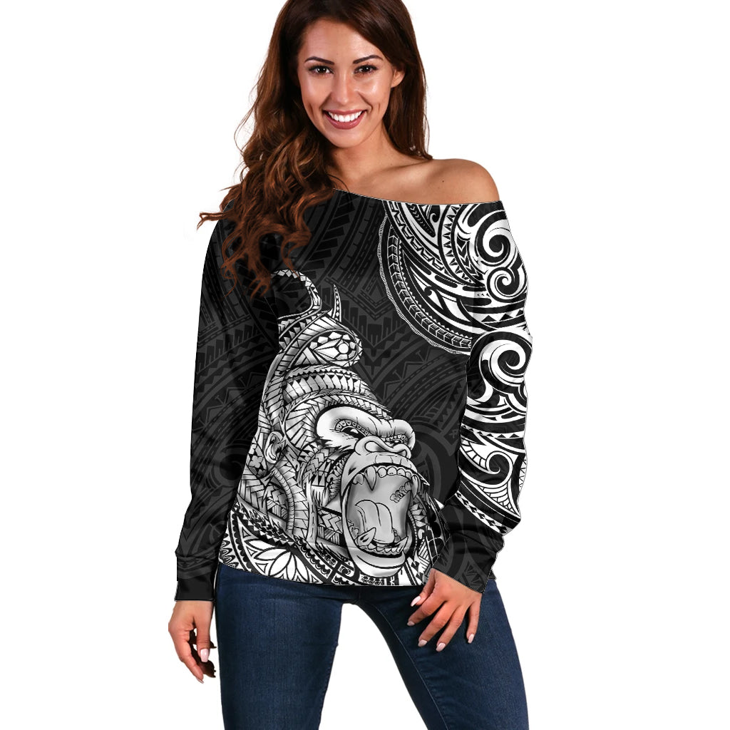 Hawaii Polynesian Off Shoulder Sweater Gorila Tatoo Polynesian Style TS04 Women Black - Polynesian Pride