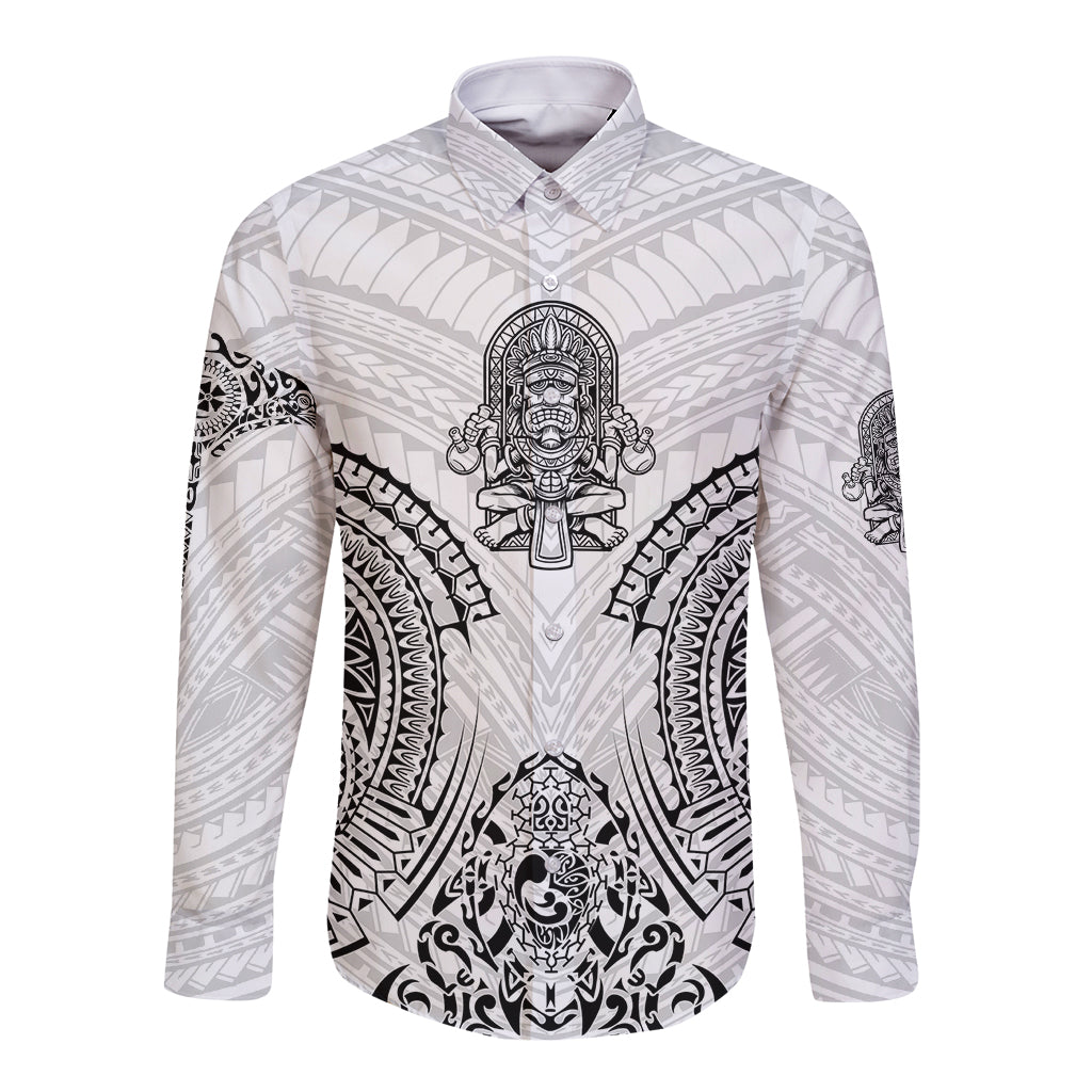 Hawaii Polynesian Long Sleeve Button Shirt Warrior symbol TS04 Unisex White - Polynesian Pride