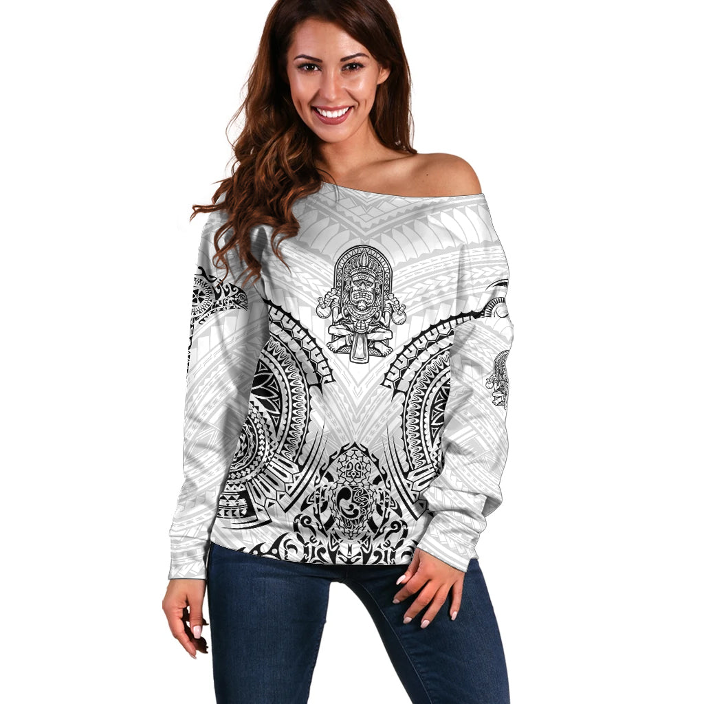 Hawaii Polynesian Off Shoulder Sweater Warrior symbol TS04 Women White - Polynesian Pride