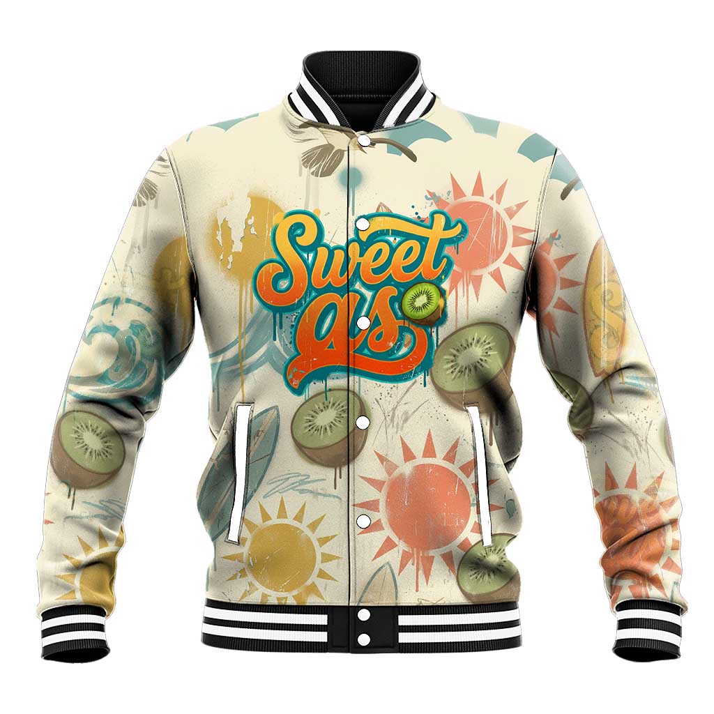 NZ Slang Sweet As Kiwi Shaka Sign Baseball Jacket New Zealand Surfboards Sun and Tropical Beach Retro TS04 Unisex Beige - Polynesian Pride