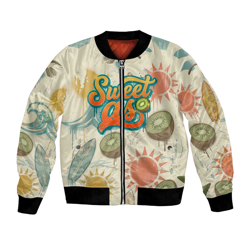 NZ Slang Sweet As Kiwi Shaka Sign Bomber Jacket New Zealand Surfboards Sun and Tropical Beach Retro TS04 Unisex Beige - Polynesian Pride