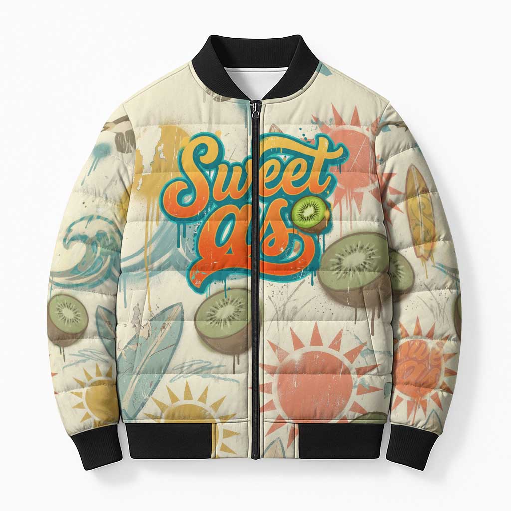 NZ Slang Sweet As Kiwi Shaka Sign Bomber Puffer Jacket New Zealand Surfboards Sun and Tropical Beach Retro TS04 Unisex Beige - Polynesian Pride