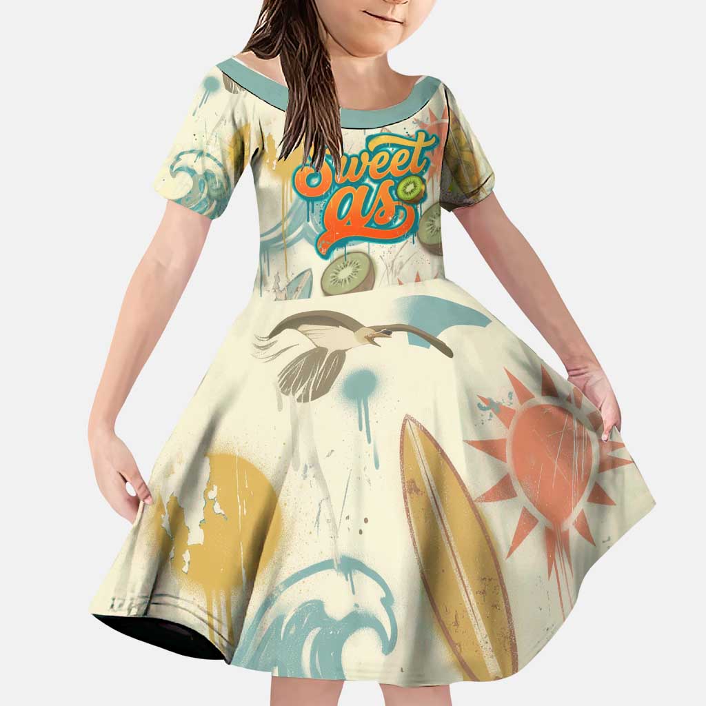 NZ Slang Sweet As Kiwi Shaka Sign Family Matching Summer Maxi Dress and Hawaiian Shirt New Zealand Surfboards Sun and Tropical Beach Retro TS04 Daughter's Dress Beige - Polynesian Pride