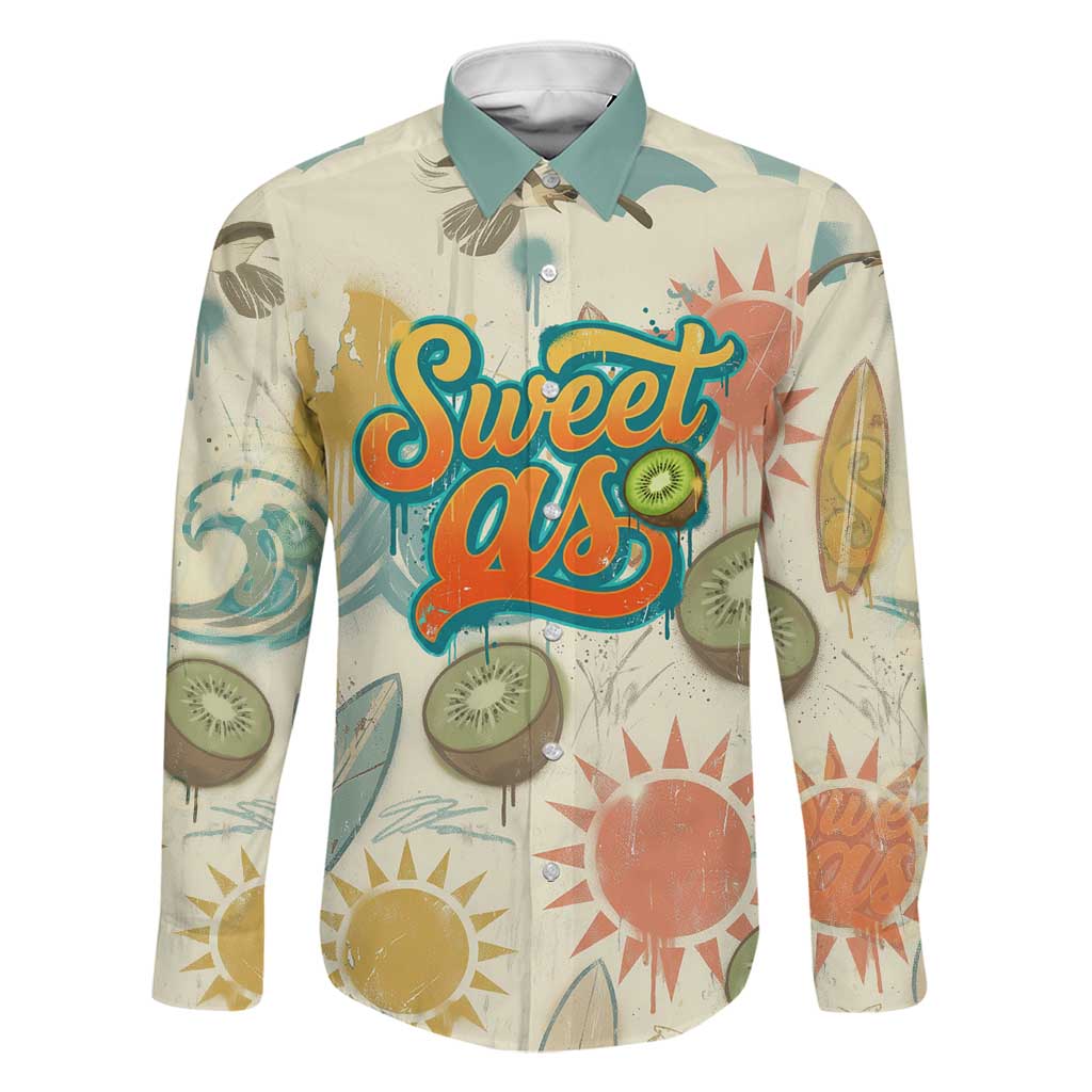 NZ Slang Sweet As Kiwi Shaka Sign Family Matching Summer Maxi Dress and Hawaiian Shirt New Zealand Surfboards Sun and Tropical Beach Retro TS04 Dad's Shirt - Long Sleeve Beige - Polynesian Pride