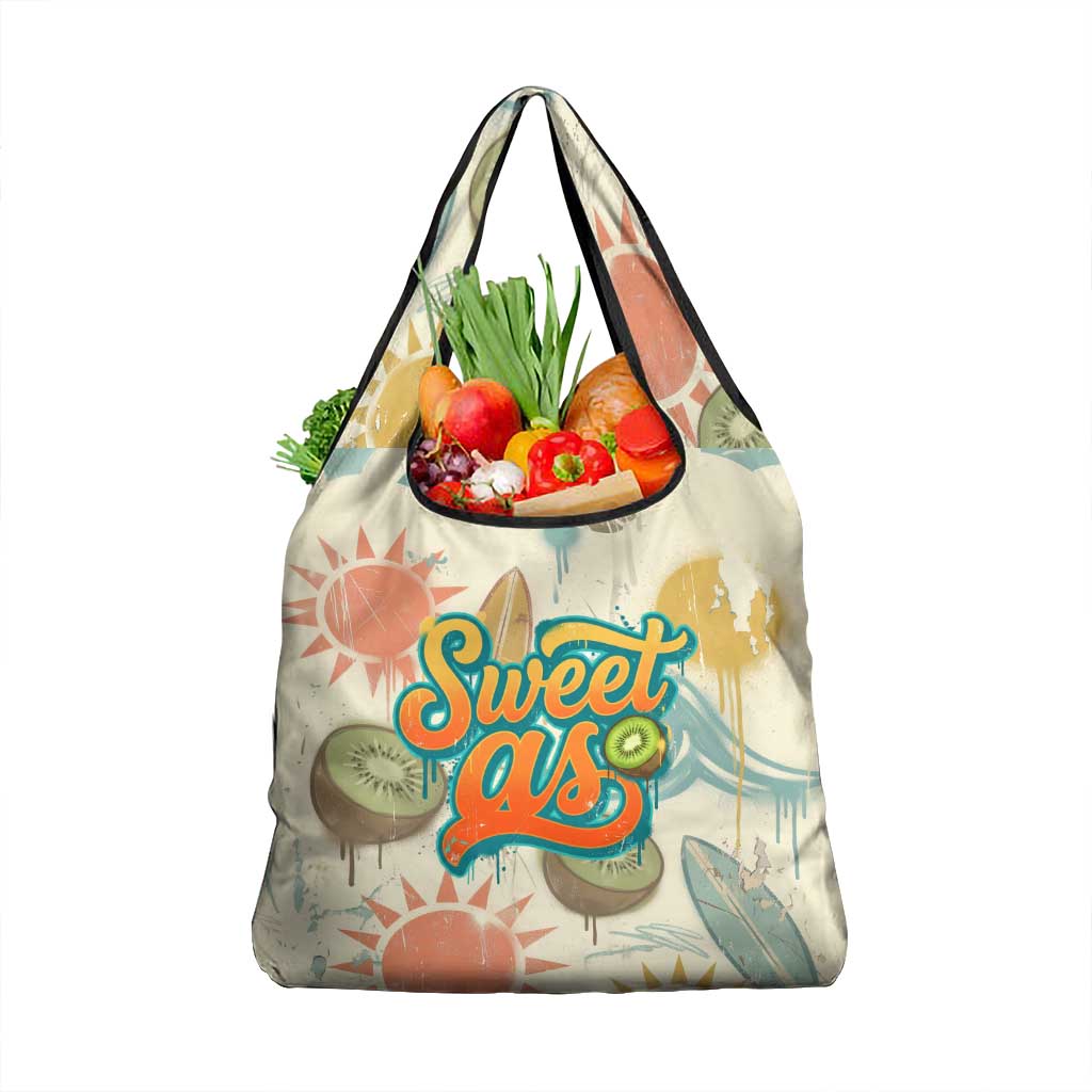 NZ Slang Sweet As Kiwi Shaka Sign Grocery Bag New Zealand Surfboards Sun and Tropical Beach Retro