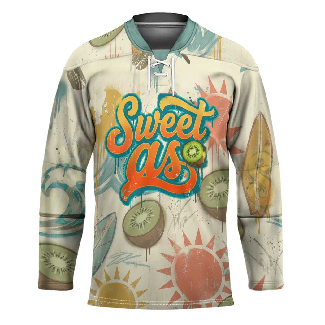 NZ Slang Sweet As Kiwi Shaka Sign Hockey Jersey New Zealand Surfboards Sun and Tropical Beach Retro