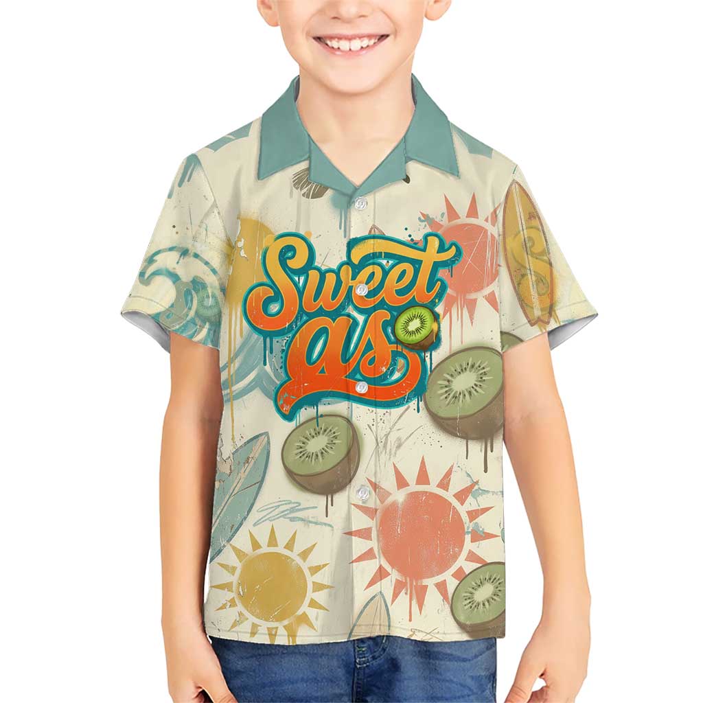 NZ Slang Sweet As Kiwi Shaka Sign Kid Hawaiian Shirt New Zealand Surfboards Sun and Tropical Beach Retro