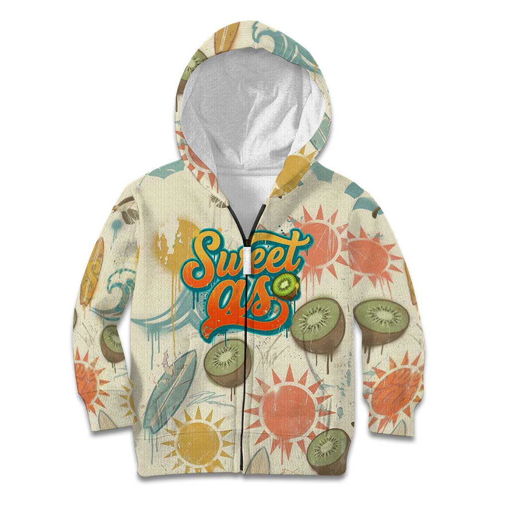 NZ Slang Sweet As Kiwi Shaka Sign Kid Hoodie New Zealand Surfboards Sun and Tropical Beach Retro TS04 Zip Hoodie Beige - Polynesian Pride