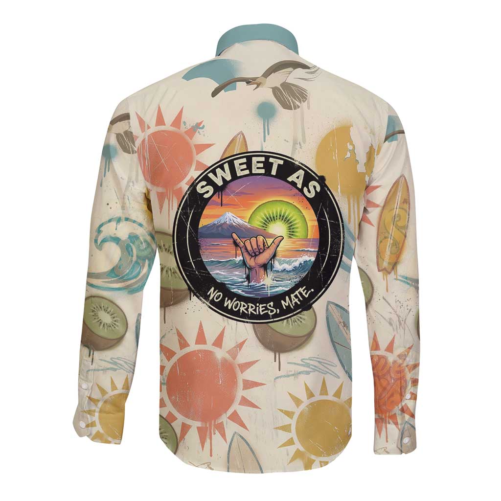 NZ Slang Sweet As Kiwi Shaka Sign Long Sleeve Button Shirt New Zealand Surfboards Sun and Tropical Beach Retro TS04 - Polynesian Pride