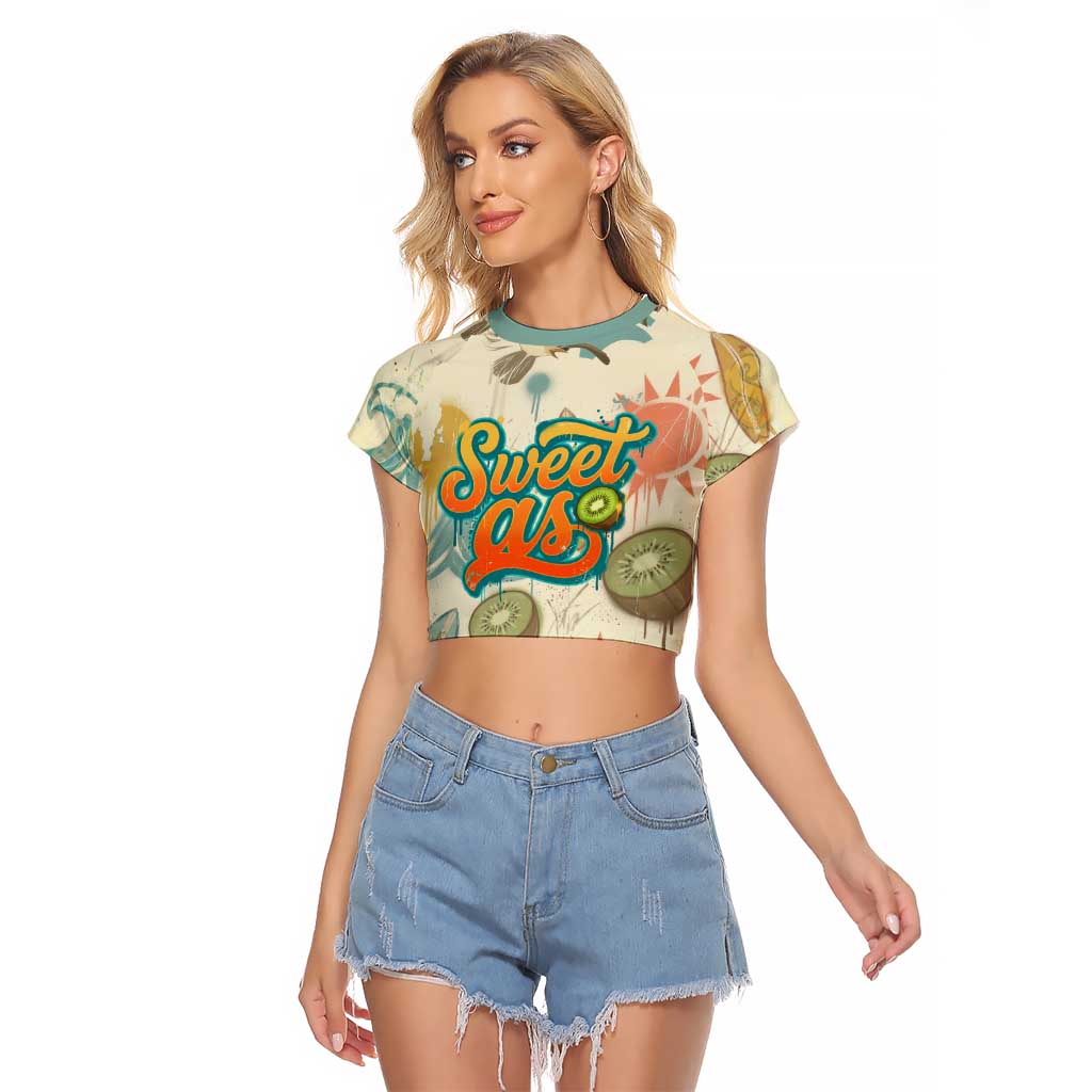 NZ Slang Sweet As Kiwi Shaka Sign Raglan Cropped T Shirt New Zealand Surfboards Sun and Tropical Beach Retro TS04 Female Beige - Polynesian Pride