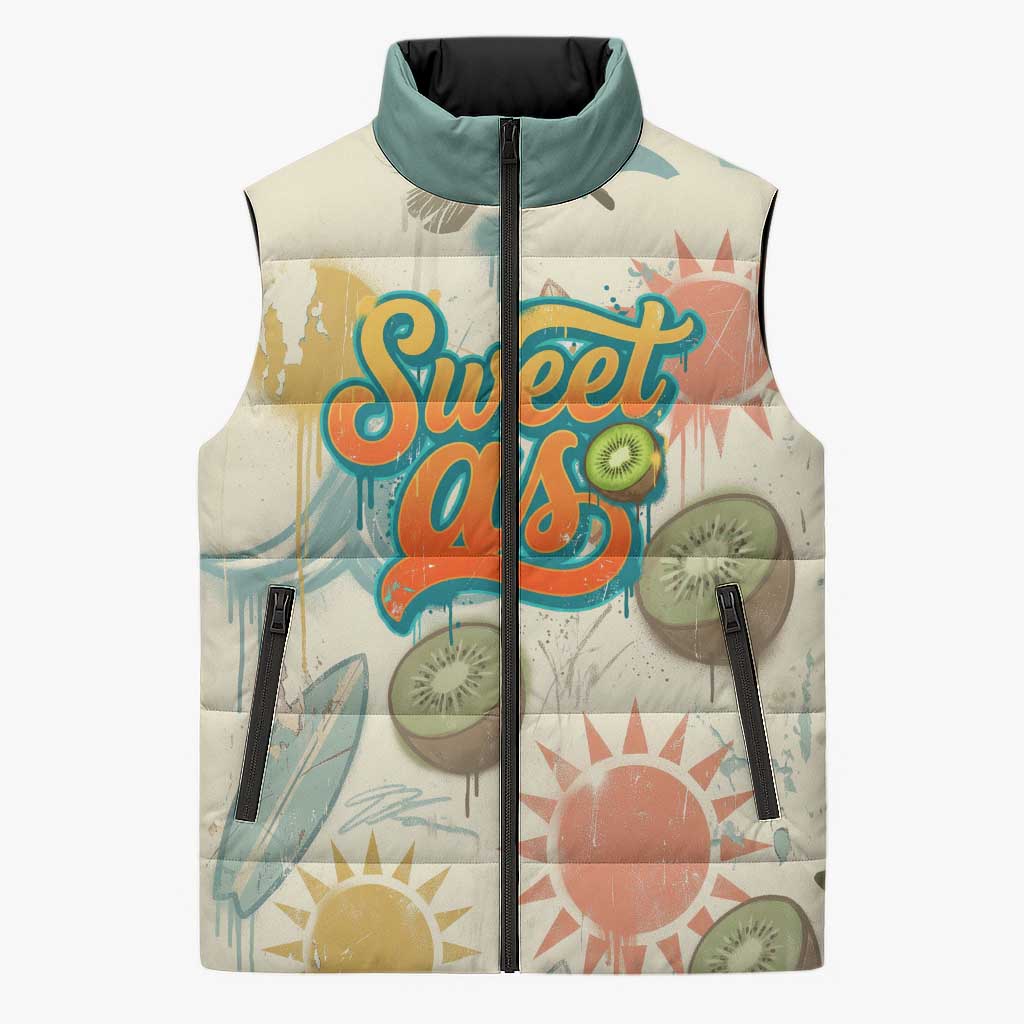 NZ Slang Sweet As Kiwi Shaka Sign Sleeveless Puffer Jacket New Zealand Surfboards Sun and Tropical Beach Retro