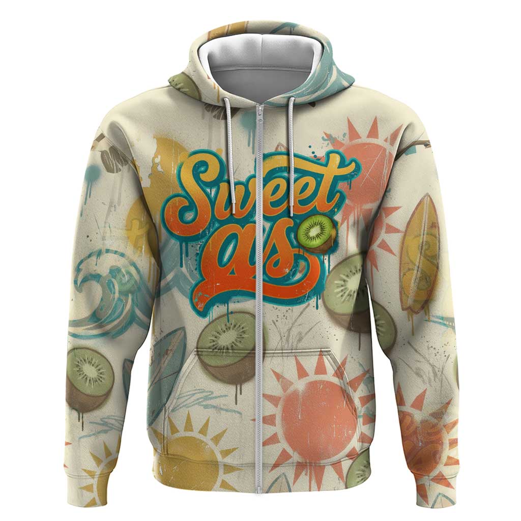 NZ Slang Sweet As Kiwi Shaka Sign Zip Hoodie New Zealand Surfboards Sun and Tropical Beach Retro