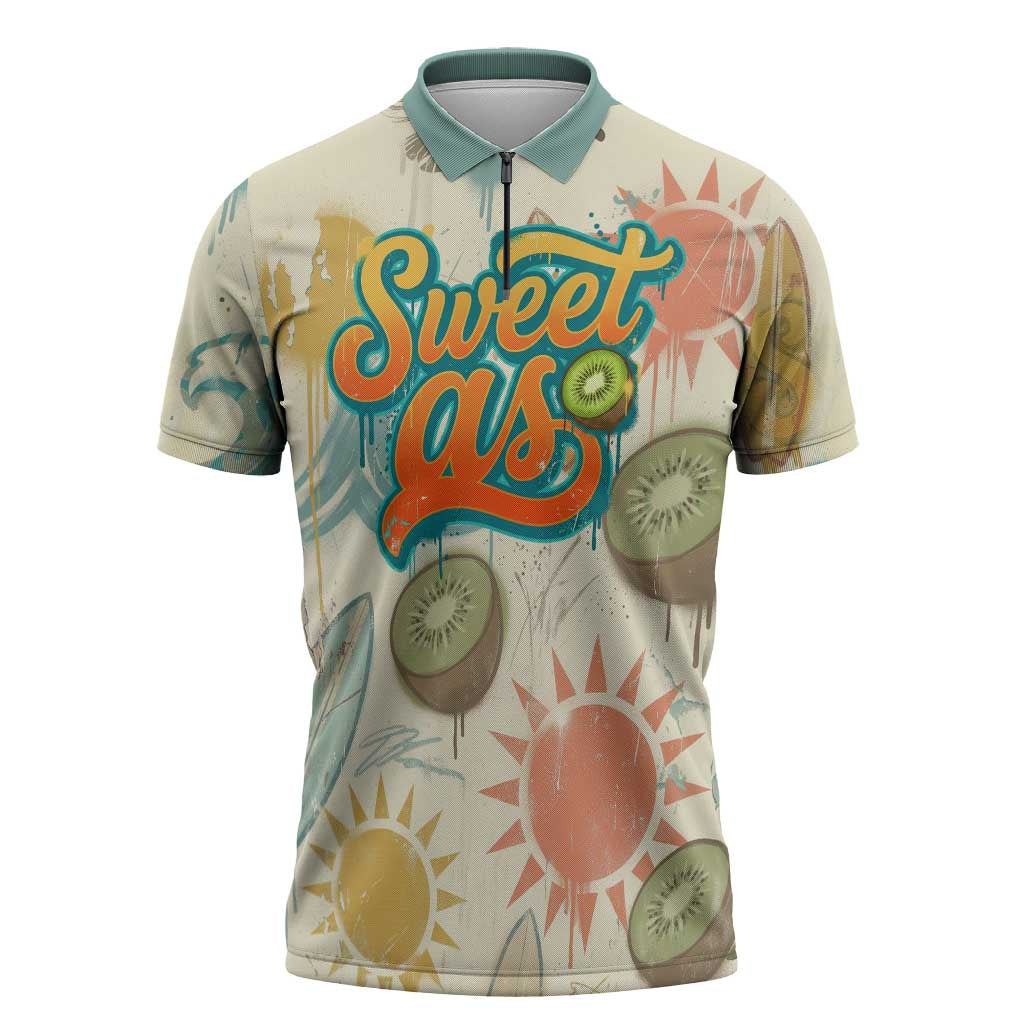 NZ Slang Sweet As Kiwi Shaka Sign Zipper Polo Shirt New Zealand Surfboards Sun and Tropical Beach Retro