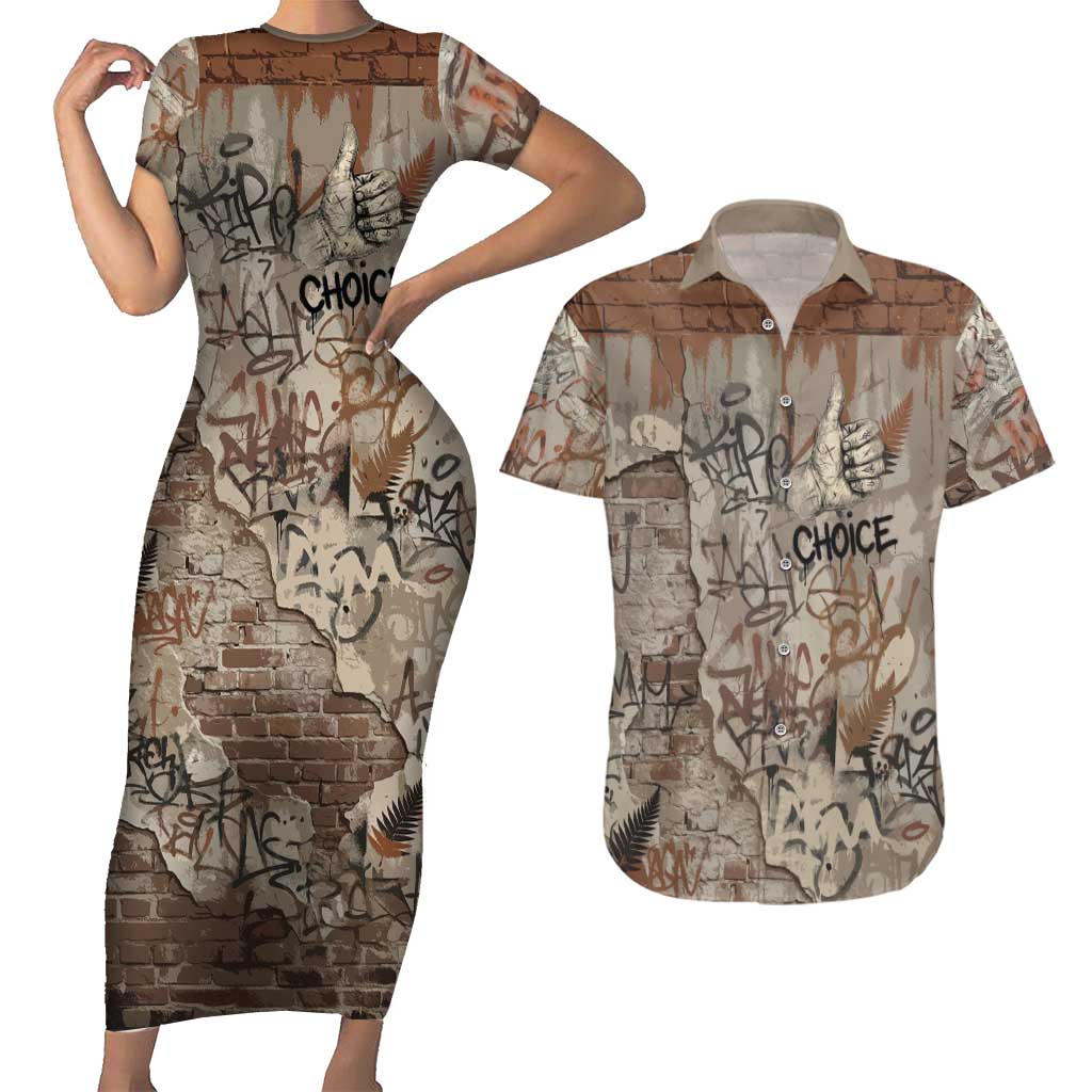 Choice Bro Graffiti Handshake Couples Matching Short Sleeve Bodycon Dress and Hawaiian Shirt New Zealand Slang Fern Brick Wall and Urban Street Art