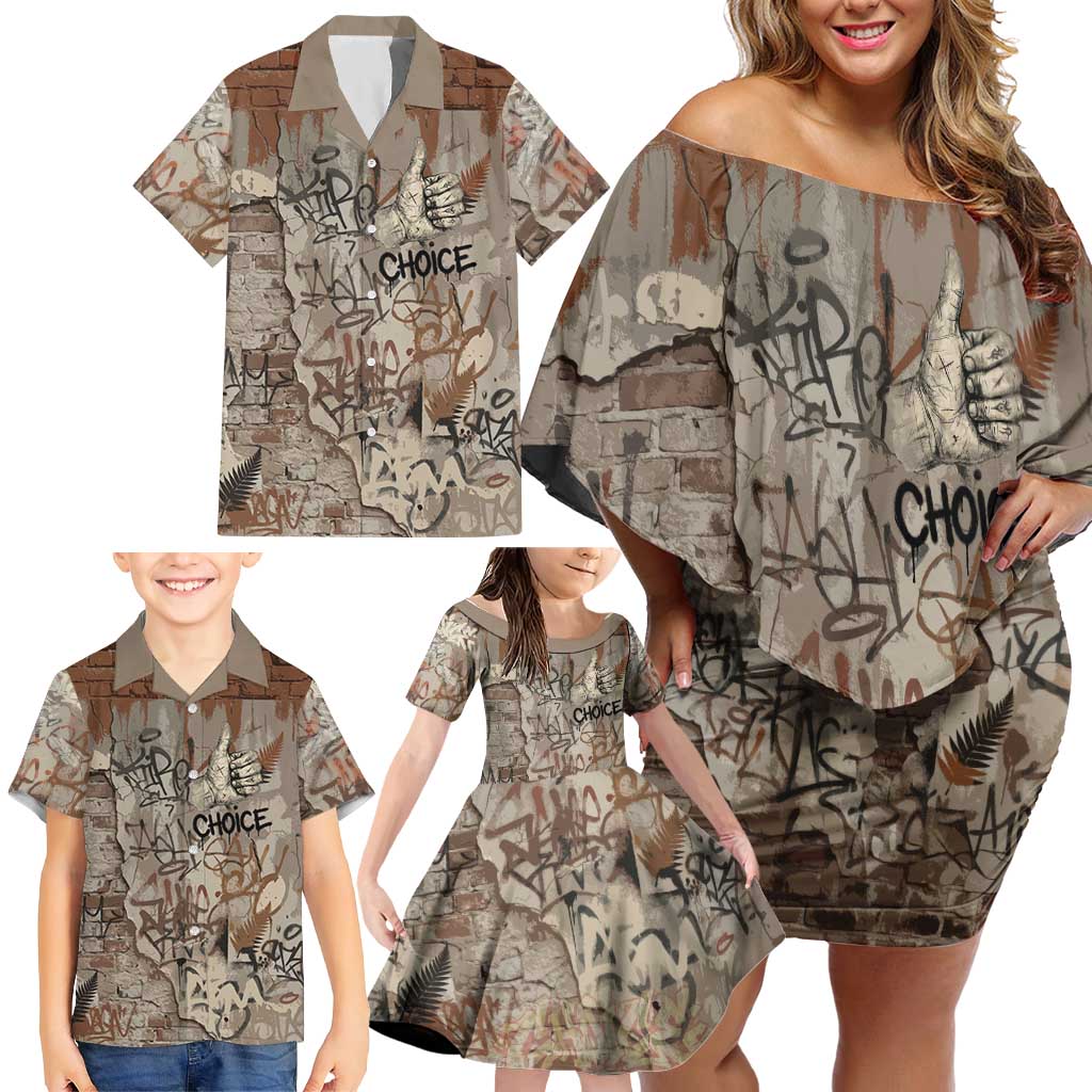 Choice Bro Graffiti Handshake Family Matching Off Shoulder Short Dress and Hawaiian Shirt New Zealand Slang Fern Brick Wall and Urban Street Art