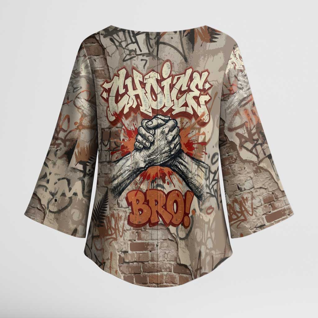 Choice Bro Graffiti Handshake Kimono Sleeve Blouse New Zealand Slang Fern Brick Wall and Urban Street Art TS04 - Polynesian Pride