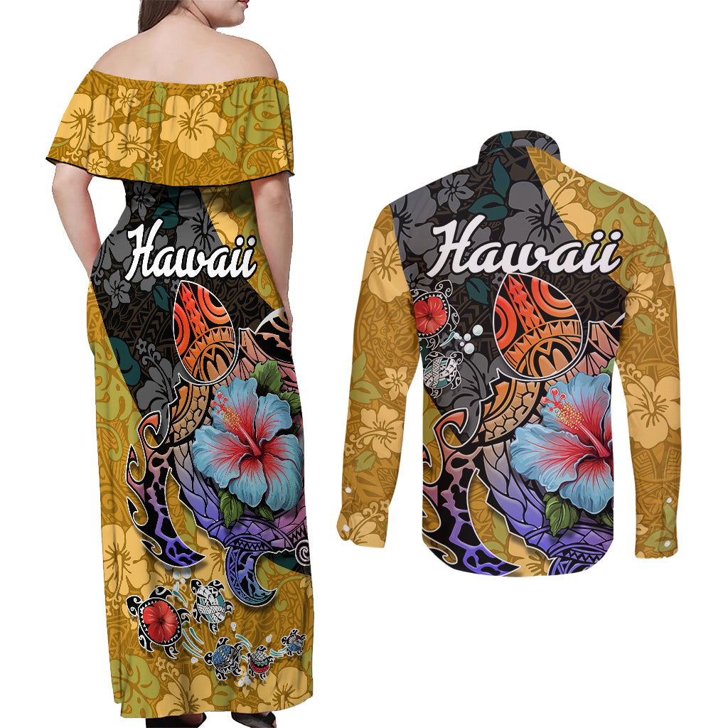 Hawaii Polynesian Couples Matching Off Shoulder Maxi Dress and Long Sleeve Button Shirts Turtles and Hibiscus Flower Gradient Pattern TS04 - Polynesian Pride