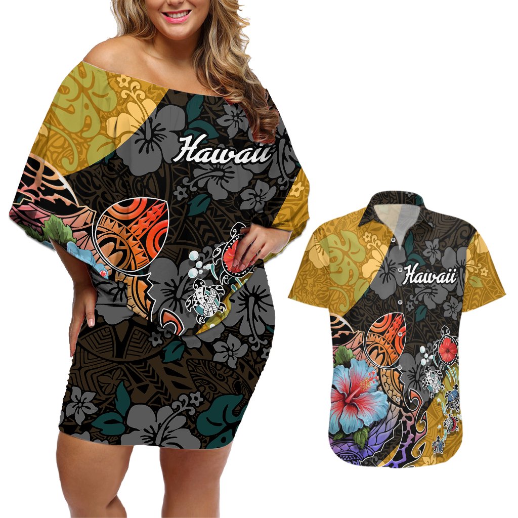 Hawaii Polynesian Couples Matching Off Shoulder Short Dress and Hawaiian Shirt Turtles and Hibiscus Flower Gradient Pattern TS04 Multicolor - Polynesian Pride
