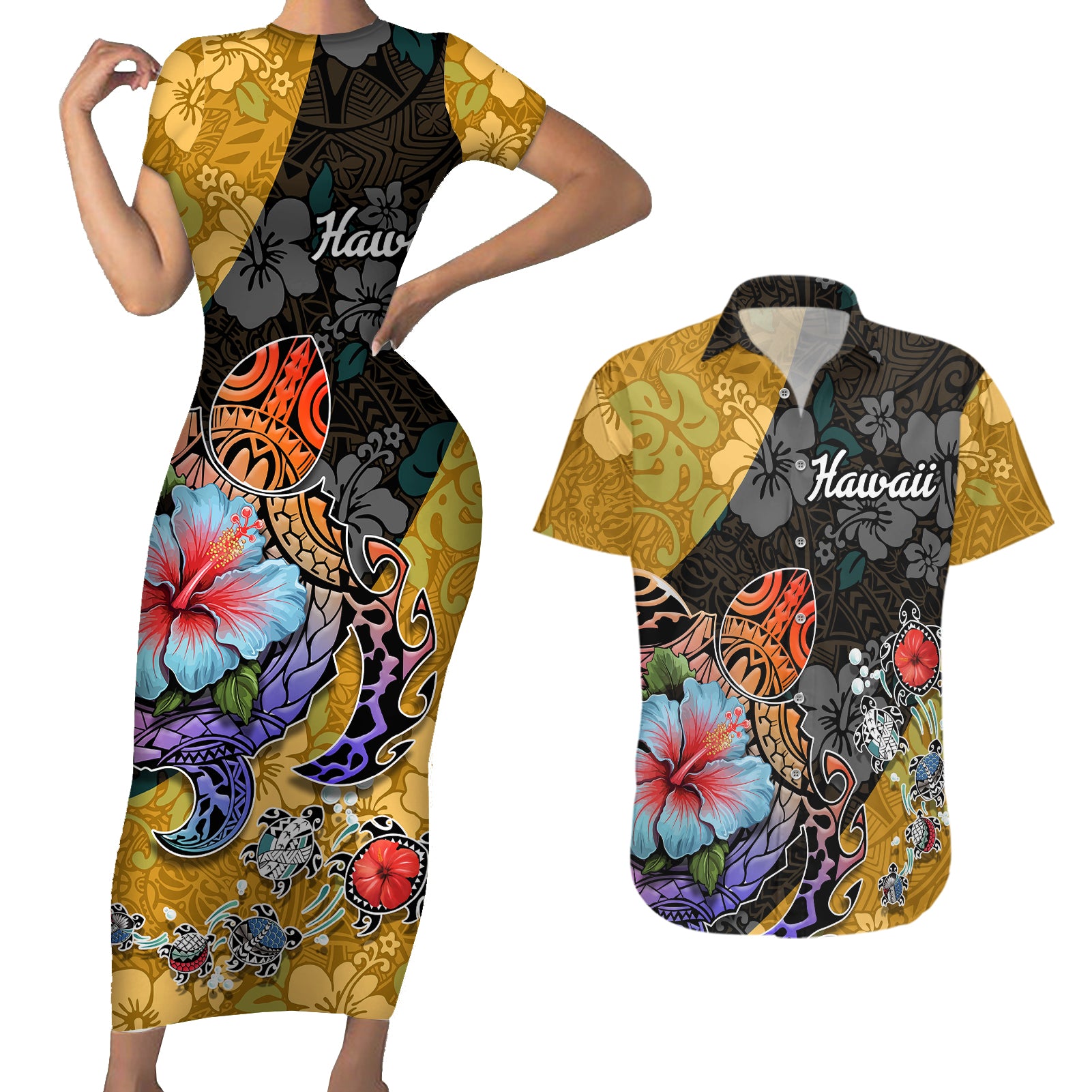 Hawaii Polynesian Couples Matching Short Sleeve Bodycon Dress and Hawaiian Shirt Turtles and Hibiscus Flower Gradient Pattern TS04 Multicolor - Polynesian Pride