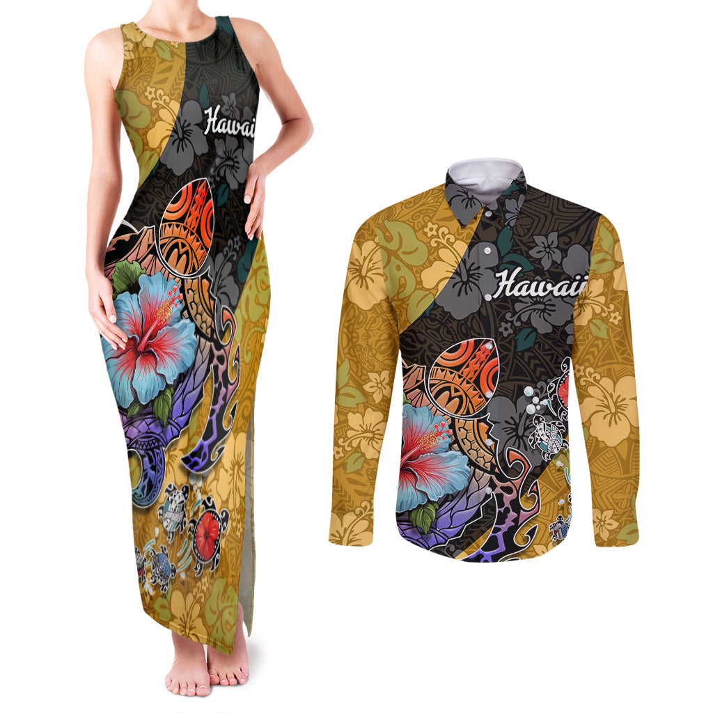 Hawaii Polynesian Couples Matching Tank Maxi Dress and Long Sleeve Button Shirts Turtles and Hibiscus Flower Gradient Pattern TS04 Multicolor - Polynesian Pride